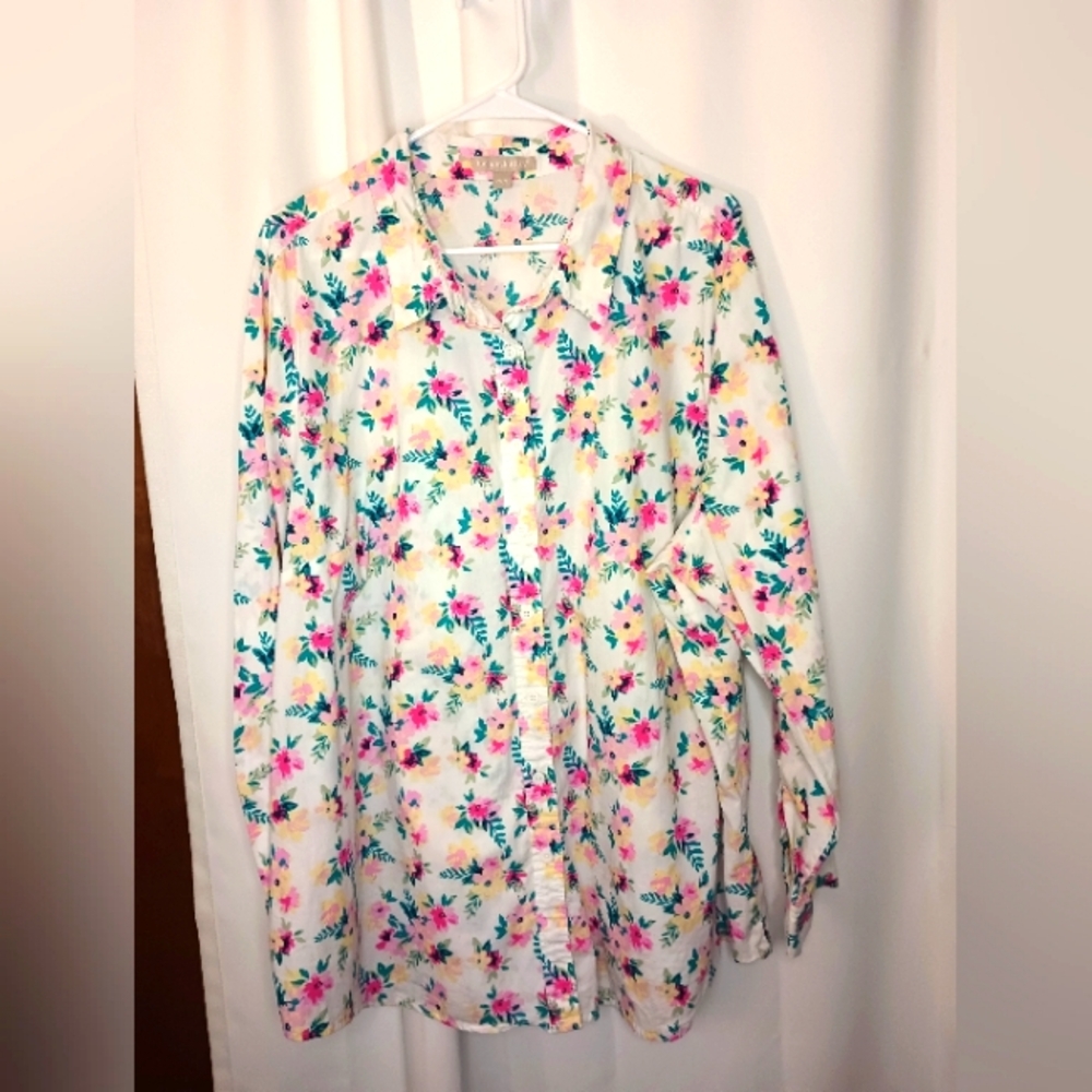 Woman Within 2X Floral Button Up Top Bloomcore Spring Office